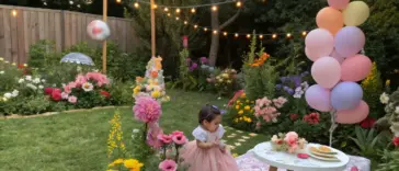 A vibrant flower garden serves as the perfect setting for a 1st birthday party idea, featuring a small girl in a light pink princess-style dress seated on the grass near a round white picnic table. The table is adorned with a pink and cream patterned tablecloth, pastel flower arrangements, and light-colored plates and utensils. Colorful flowers in shades of pink, yellow, red, and purple surround the area, complemented by pastel balloons in lavender, pale yellow, light orange, and pink. String lights drape from a wooden fence to the flower beds, adding a warm glow. Decorative stones, wooden posts, and lush greenery complete the enchanting garden scene.