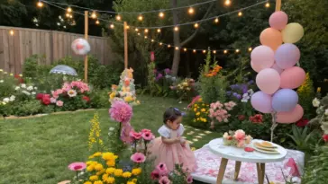 A vibrant flower garden serves as the perfect setting for a 1st birthday party idea, featuring a small girl in a light pink princess-style dress seated on the grass near a round white picnic table. The table is adorned with a pink and cream patterned tablecloth, pastel flower arrangements, and light-colored plates and utensils. Colorful flowers in shades of pink, yellow, red, and purple surround the area, complemented by pastel balloons in lavender, pale yellow, light orange, and pink. String lights drape from a wooden fence to the flower beds, adding a warm glow. Decorative stones, wooden posts, and lush greenery complete the enchanting garden scene.