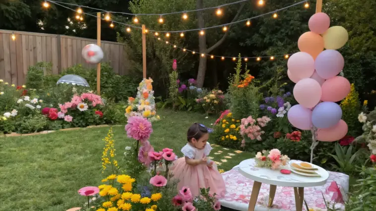 A vibrant flower garden serves as the perfect setting for a 1st birthday party idea, featuring a small girl in a light pink princess-style dress seated on the grass near a round white picnic table. The table is adorned with a pink and cream patterned tablecloth, pastel flower arrangements, and light-colored plates and utensils. Colorful flowers in shades of pink, yellow, red, and purple surround the area, complemented by pastel balloons in lavender, pale yellow, light orange, and pink. String lights drape from a wooden fence to the flower beds, adding a warm glow. Decorative stones, wooden posts, and lush greenery complete the enchanting garden scene.