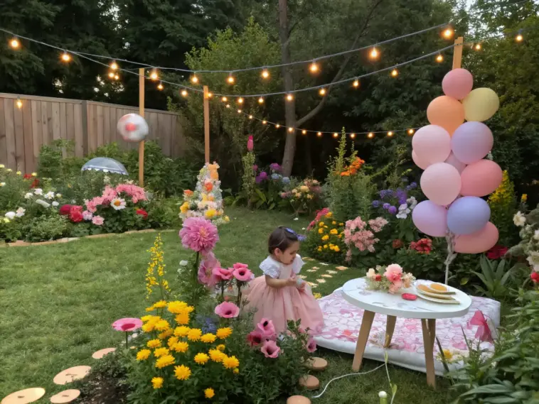 A vibrant flower garden serves as the perfect setting for a 1st birthday party idea, featuring a small girl in a light pink princess-style dress seated on the grass near a round white picnic table. The table is adorned with a pink and cream patterned tablecloth, pastel flower arrangements, and light-colored plates and utensils. Colorful flowers in shades of pink, yellow, red, and purple surround the area, complemented by pastel balloons in lavender, pale yellow, light orange, and pink. String lights drape from a wooden fence to the flower beds, adding a warm glow. Decorative stones, wooden posts, and lush greenery complete the enchanting garden scene.