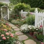A vibrant Corner Flower Garden Ideas showcase featuring a white picket fence, colorful flowers in pink, red, yellow, and white, and a stone pathway winding through lush greenery. The realistic photo captures the garden's details with natural lighting, highlighting the beauty of the scene.