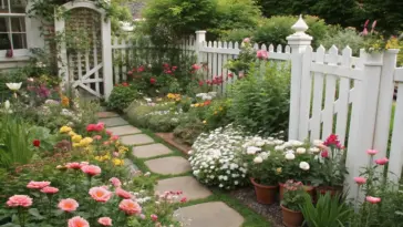 A vibrant Corner Flower Garden Ideas showcase featuring a white picket fence, colorful flowers in pink, red, yellow, and white, and a stone pathway winding through lush greenery. The realistic photo captures the garden's details with natural lighting, highlighting the beauty of the scene.