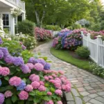 A beautiful Hydrangea Garden Ideas showcase featuring a winding stone pathway lined with a white picket fence and vibrant hydrangeas in pink, purple, and blue. The scene is complemented by lush greenery and a charming white house with a wrap-around porch, offering inspiration for garden design. This natural, high-resolution photograph captures the essence of a serene garden setting.