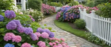 A beautiful Hydrangea Garden Ideas showcase featuring a winding stone pathway lined with a white picket fence and vibrant hydrangeas in pink, purple, and blue. The scene is complemented by lush greenery and a charming white house with a wrap-around porch, offering inspiration for garden design. This natural, high-resolution photograph captures the essence of a serene garden setting.