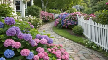 A beautiful Hydrangea Garden Ideas showcase featuring a winding stone pathway lined with a white picket fence and vibrant hydrangeas in pink, purple, and blue. The scene is complemented by lush greenery and a charming white house with a wrap-around porch, offering inspiration for garden design. This natural, high-resolution photograph captures the essence of a serene garden setting.