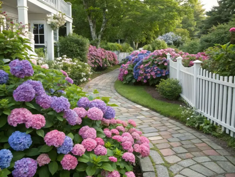 A beautiful Hydrangea Garden Ideas showcase featuring a winding stone pathway lined with a white picket fence and vibrant hydrangeas in pink, purple, and blue. The scene is complemented by lush greenery and a charming white house with a wrap-around porch, offering inspiration for garden design. This natural, high-resolution photograph captures the essence of a serene garden setting.