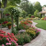 A vibrant flower garden with a winding stone pathway surrounded by colorful blooms in pink, red, and yellow. The lush, well-maintained garden features a house with a sloping roof and wrap-around design in the background. A patio with a chair and potted plants adds to the charm. This image showcases inspiring flower garden ideas with a focus on color, variety, and thoughtful design.