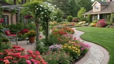 A vibrant flower garden with a winding stone pathway surrounded by colorful blooms in pink, red, and yellow. The lush, well-maintained garden features a house with a sloping roof and wrap-around design in the background. A patio with a chair and potted plants adds to the charm. This image showcases inspiring flower garden ideas with a focus on color, variety, and thoughtful design.