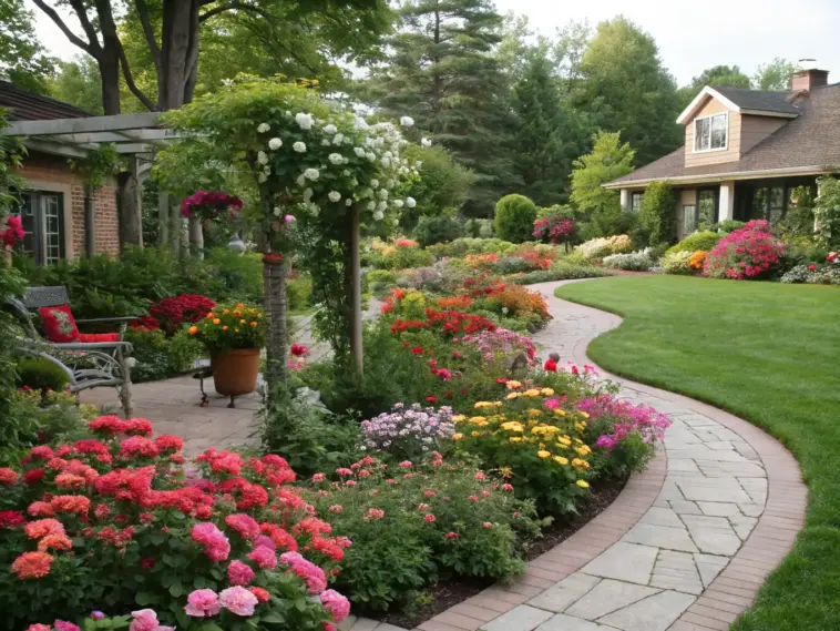 A vibrant flower garden with a winding stone pathway surrounded by colorful blooms in pink, red, and yellow. The lush, well-maintained garden features a house with a sloping roof and wrap-around design in the background. A patio with a chair and potted plants adds to the charm. This image showcases inspiring flower garden ideas with a focus on color, variety, and thoughtful design.