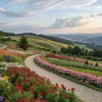 Serene Hill Flower Garden with a winding paved pathway through vibrant blooms, lush greenery, and rolling hills under a tranquil blue sky.