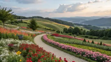Serene Hill Flower Garden with a winding paved pathway through vibrant blooms, lush greenery, and rolling hills under a tranquil blue sky.