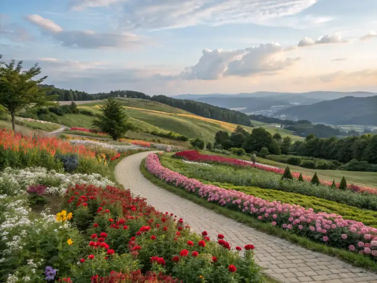 Serene Hill Flower Garden with a winding paved pathway through vibrant blooms, lush greenery, and rolling hills under a tranquil blue sky.