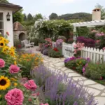 A vibrant flower garden ideas yard with a white picket fence dividing sections, featuring a winding stone walkway, sunflowers, roses, lavender, and lush greenery. A stone structure with a terracotta roof and a white pergola add charm, while a beige house and forested hill create a serene backdrop.
