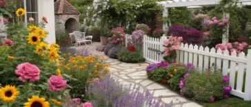 A vibrant flower garden ideas yard with a white picket fence dividing sections, featuring a winding stone walkway, sunflowers, roses, lavender, and lush greenery. A stone structure with a terracotta roof and a white pergola add charm, while a beige house and forested hill create a serene backdrop.