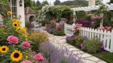 A vibrant flower garden ideas yard with a white picket fence dividing sections, featuring a winding stone walkway, sunflowers, roses, lavender, and lush greenery. A stone structure with a terracotta roof and a white pergola add charm, while a beige house and forested hill create a serene backdrop.