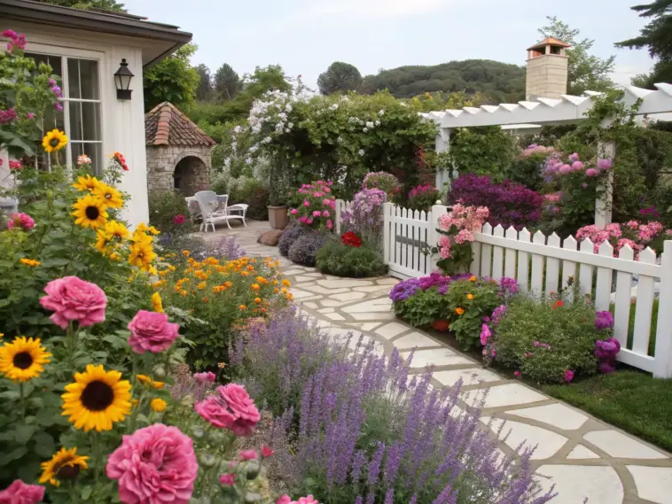 A vibrant flower garden ideas yard with a white picket fence dividing sections, featuring a winding stone walkway, sunflowers, roses, lavender, and lush greenery. A stone structure with a terracotta roof and a white pergola add charm, while a beige house and forested hill create a serene backdrop.