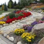 A flower garden idea with rocks showcasing a landscaped outdoor area. A winding pathway of light-gray and white pebbles weaves through a vibrant garden filled with colorful flowers in shades of red, purple, yellow, and pink. Large, rounded rocks of various sizes are strategically placed, some edging the path and others as focal points. A light gray brick retaining wall borders the pathway, separating it from the surrounding paved area and lawn. Trees and a wooden house with a brown fence are visible in the background, completing the serene, well-maintained design.
