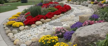 A flower garden idea with rocks showcasing a landscaped outdoor area. A winding pathway of light-gray and white pebbles weaves through a vibrant garden filled with colorful flowers in shades of red, purple, yellow, and pink. Large, rounded rocks of various sizes are strategically placed, some edging the path and others as focal points. A light gray brick retaining wall borders the pathway, separating it from the surrounding paved area and lawn. Trees and a wooden house with a brown fence are visible in the background, completing the serene, well-maintained design.
