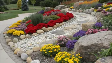 A flower garden idea with rocks showcasing a landscaped outdoor area. A winding pathway of light-gray and white pebbles weaves through a vibrant garden filled with colorful flowers in shades of red, purple, yellow, and pink. Large, rounded rocks of various sizes are strategically placed, some edging the path and others as focal points. A light gray brick retaining wall borders the pathway, separating it from the surrounding paved area and lawn. Trees and a wooden house with a brown fence are visible in the background, completing the serene, well-maintained design.