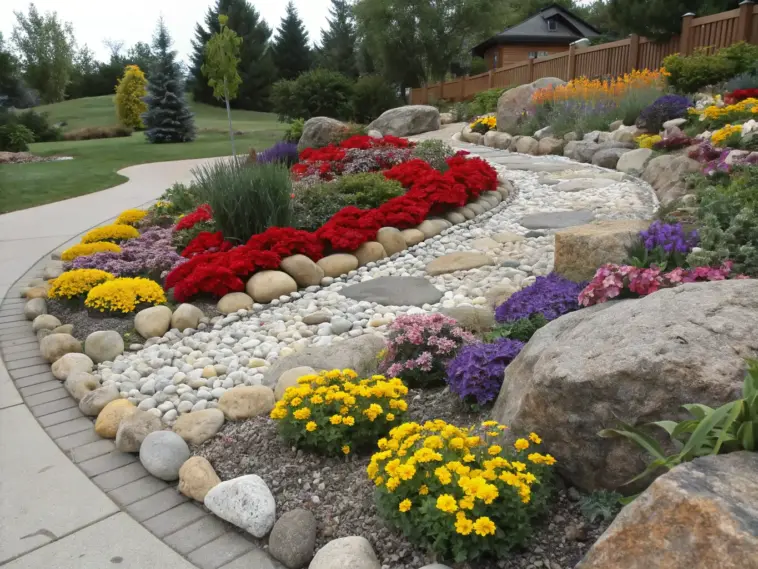A flower garden idea with rocks showcasing a landscaped outdoor area. A winding pathway of light-gray and white pebbles weaves through a vibrant garden filled with colorful flowers in shades of red, purple, yellow, and pink. Large, rounded rocks of various sizes are strategically placed, some edging the path and others as focal points. A light gray brick retaining wall borders the pathway, separating it from the surrounding paved area and lawn. Trees and a wooden house with a brown fence are visible in the background, completing the serene, well-maintained design.