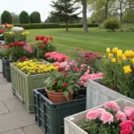 A well-maintained cut flower garden container setup featuring rows of raised rectangular beds in dark-green plastic or similar material, filled with vibrant flowers in shades of red, pink, yellow, and white. Yellow tulips are in full bloom among the diverse plantings. The garden is situated along a light gray paving stone walkway that extends into a grassy area, with mature trees and bushes in the background creating a serene landscaped setting.
