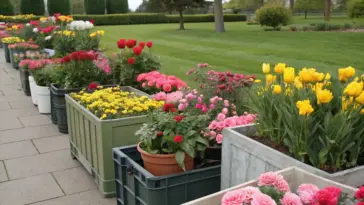 A well-maintained cut flower garden container setup featuring rows of raised rectangular beds in dark-green plastic or similar material, filled with vibrant flowers in shades of red, pink, yellow, and white. Yellow tulips are in full bloom among the diverse plantings. The garden is situated along a light gray paving stone walkway that extends into a grassy area, with mature trees and bushes in the background creating a serene landscaped setting.