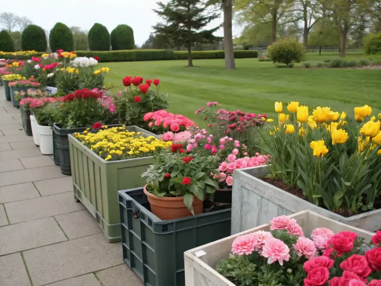 A well-maintained cut flower garden container setup featuring rows of raised rectangular beds in dark-green plastic or similar material, filled with vibrant flowers in shades of red, pink, yellow, and white. Yellow tulips are in full bloom among the diverse plantings. The garden is situated along a light gray paving stone walkway that extends into a grassy area, with mature trees and bushes in the background creating a serene landscaped setting.