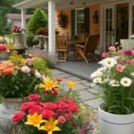 A vibrant cut flower garden idea featuring a mix of flowerbeds and potted plants in shades of orange, red, yellow, pink, and white. The foreground highlights decorative urns and planters filled with cosmos, marigolds, zinnias, and a striking cluster of white daisies accented by pink and light orange blooms. Behind, a light orange porch with a wooden deck includes chairs, a table, and bordering plants, while dark green shrubs and trees frame the space. Slate-gray paving stones lead to a grassy area, completing this colorful, well-maintained outdoor garden designed for relaxation and enjoyment.