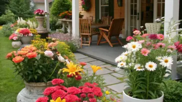 A vibrant cut flower garden idea featuring a mix of flowerbeds and potted plants in shades of orange, red, yellow, pink, and white. The foreground highlights decorative urns and planters filled with cosmos, marigolds, zinnias, and a striking cluster of white daisies accented by pink and light orange blooms. Behind, a light orange porch with a wooden deck includes chairs, a table, and bordering plants, while dark green shrubs and trees frame the space. Slate-gray paving stones lead to a grassy area, completing this colorful, well-maintained outdoor garden designed for relaxation and enjoyment.