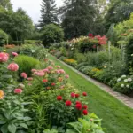 A vibrant cut flower garden greenery with a well-maintained lawn edged by light gray paving stones. Colorful flowerbeds featuring dahlias, zinnias, roses, and other blooms in pinks, reds, oranges, yellows, and whites frame the pathway. The garden includes tall leafy plants, shrubs, grasses, and lush trees, creating a thriving, sunny outdoor scene with a small light-colored building in the background.