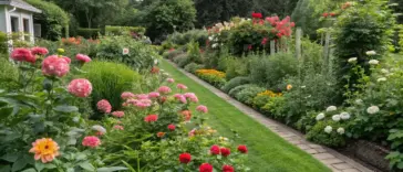 A vibrant cut flower garden greenery with a well-maintained lawn edged by light gray paving stones. Colorful flowerbeds featuring dahlias, zinnias, roses, and other blooms in pinks, reds, oranges, yellows, and whites frame the pathway. The garden includes tall leafy plants, shrubs, grasses, and lush trees, creating a thriving, sunny outdoor scene with a small light-colored building in the background.