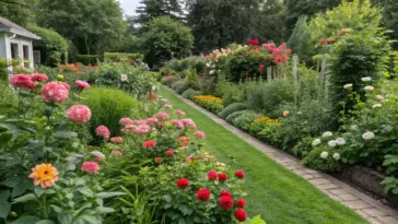 A vibrant cut flower garden greenery with a well-maintained lawn edged by light gray paving stones. Colorful flowerbeds featuring dahlias, zinnias, roses, and other blooms in pinks, reds, oranges, yellows, and whites frame the pathway. The garden includes tall leafy plants, shrubs, grasses, and lush trees, creating a thriving, sunny outdoor scene with a small light-colored building in the background.