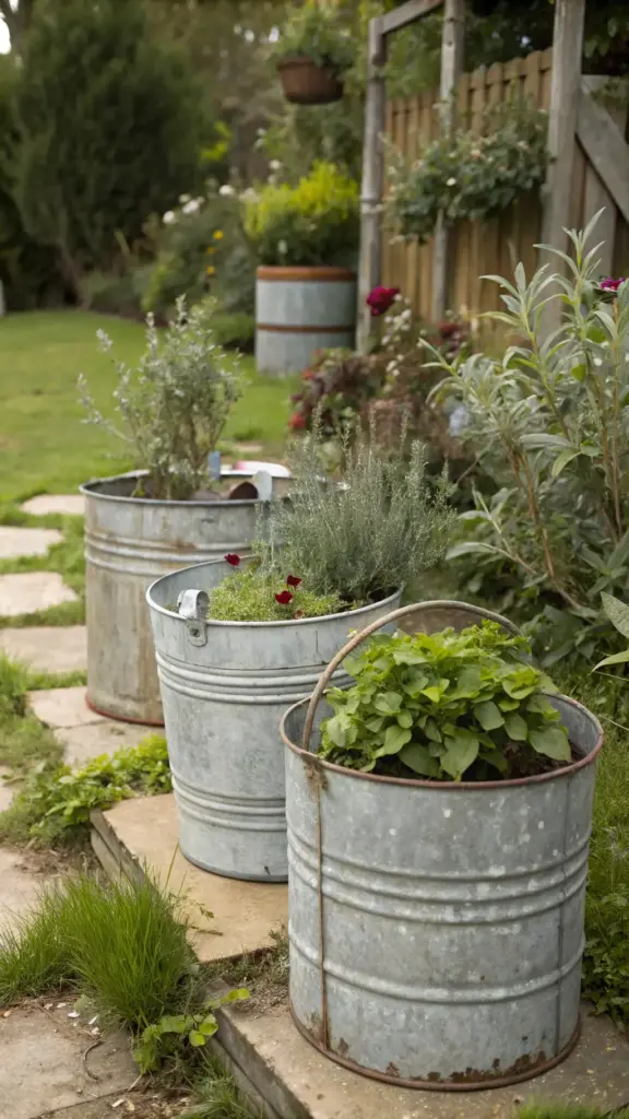 Outdoor shot of a cut flower garden container setup featuring weathered galvanized metal buckets filled with herbs, leafy greens, and colorful flowering plants in shades of green, red, and purple. The containers sit on a light beige-grey stone patio surrounded by grass, weeds, and greenery. A wooden fence with hanging flower baskets serves as a backdrop, with trees and foliage visible behind it. Daylight highlights the rustic charm of this garden display.
