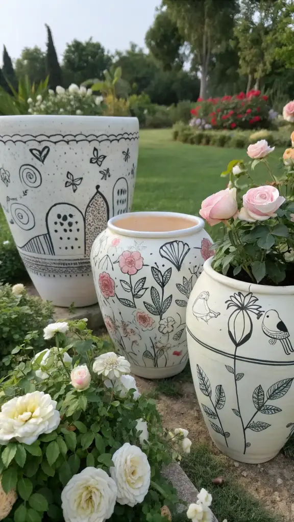 Decorative ceramic planters in a cut flower garden container setup, featuring off-white or cream-colored designs with black outlines. The tall cylindrical planters showcase patterns of buildings, hearts, butterflies, floral motifs, leaves, and birds. Pink and white roses and other garden flowers surround the containers, with a light brownish-gray ground and grassy background visible under natural lighting.
