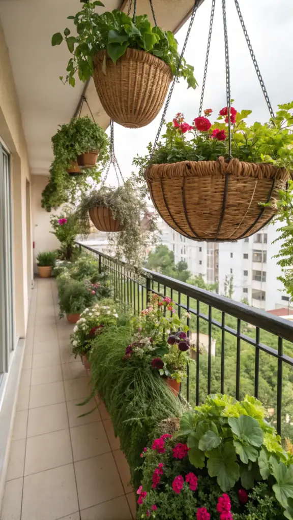 A vibrant cut flower garden container setup on a balcony, featuring planter boxes and hanging baskets filled with blooming geraniums, petunias, and other colorful flowers in shades of pink, red, purple, and green. The woven hanging baskets, likely made of wicker, are suspended at varying heights, creating a layered look. The dark metal railing and light beige tiled floor complement the lush greenery, while the cityscape view beyond adds to the charm of this well-maintained garden.