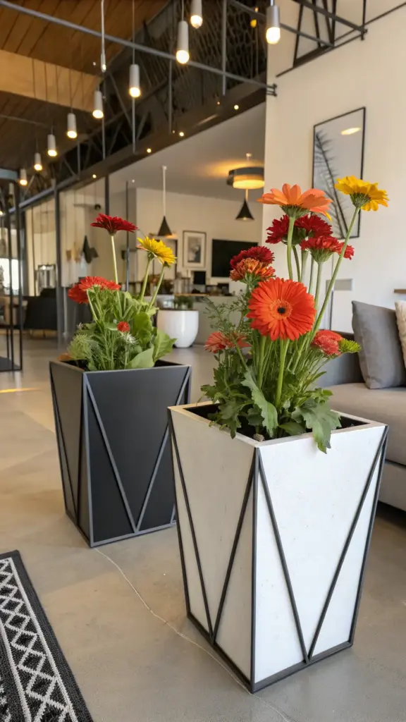 Modern indoor lobby with a minimalist design featuring two tall, square cut flower garden containers on a light-gray concrete floor. The left container is matte dark gray with a geometric triangular metal frame, holding a vibrant mix of red, orange, yellow flowers, and greenery. The right container is white with black metal framing, showcasing a similar colorful floral arrangement. The space includes high ceilings with exposed wooden beams, industrial-style hanging lights, light beige walls, a tan couch in the background, a black picture frame with a fern-like print, and a geometric black-and-white patterned rug.