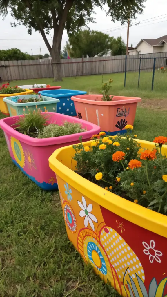 Colorful cut flower garden containers arranged in a row on a grassy area. The plastic planters, painted in vibrant hues like pink, light teal, orange-peach, and bright yellow, feature unique designs including flowers, circles, and abstract patterns. Each container holds marigolds in various colors, adding to the lively display. A wooden fence borders the garden, with a large tree on the left and houses visible in the background under sunny skies.