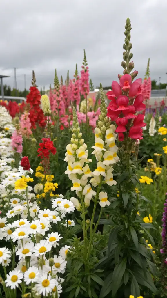 Vibrant cut flower garden idea featuring a mix of snapdragons in red, pink, and pale yellow, along with white daisies and small yellow and reddish-orange blossoms. The lush green foliage provides a striking backdrop, while the well-lit scene highlights the central cluster of flowers against a slightly overcast sky.