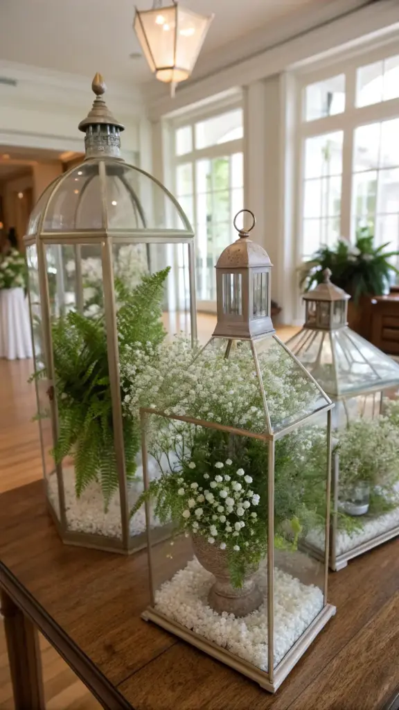Three decorative glass terrariums in a light taupe metal frame are showcased on a dark brown wooden table, creating a striking contrast. The terrariums, including a hexagonal one and two rectangular ones, are filled with white flowers, ferns, and various greenery, forming a mini cut flower garden container. Light beige pebbles line the bottom of each terrarium, enhancing the display. Large windows with white frames and a translucent glass pendant light provide natural and ambient lighting, highlighting the vibrant arrangement.