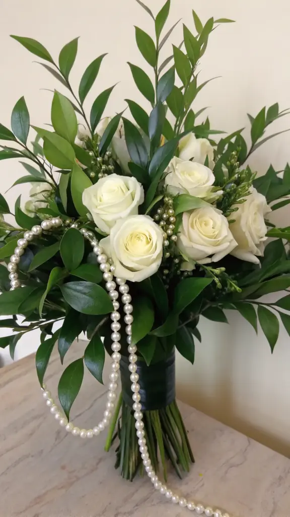 A close-up of a bridal bouquet featuring white roses in creamy ivory tones, complemented by lush greenery from a cut flower garden. The glossy, dark green foliage adds vibrancy and texture, while a string of pearls drapes elegantly around the stems. Tied with a dark ribbon, the bouquet rests on a light beige surface with a subtle marbled pattern, set against a plain beige wall.