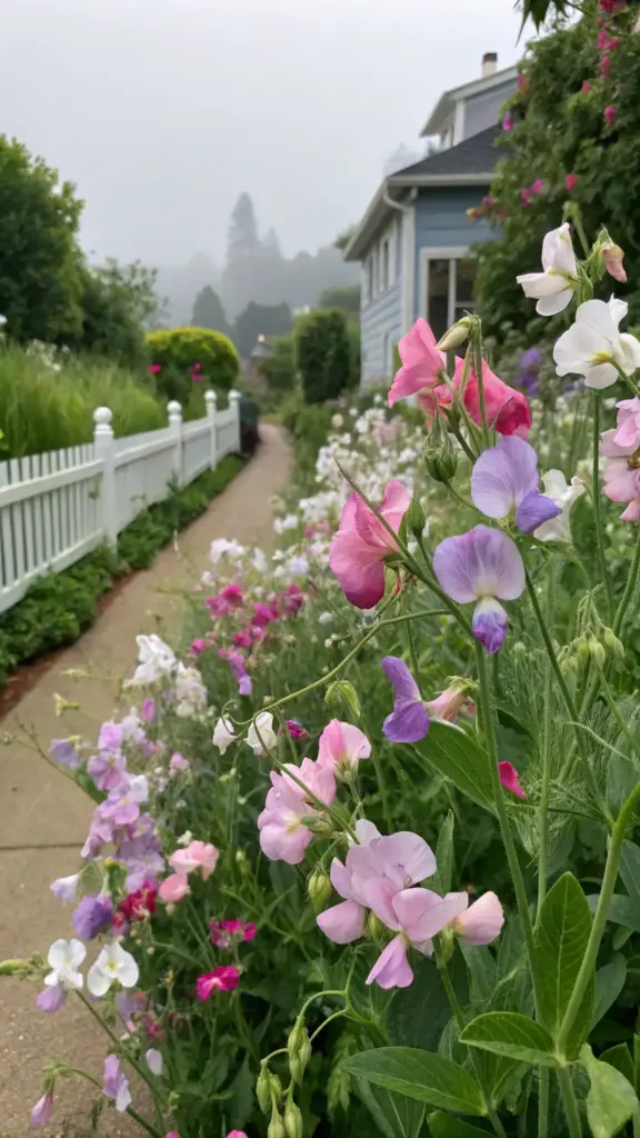 A serene cut flower garden idea featuring a close-up of a densely planted flower bed along a walkway. The bed is filled with sweet pea flowers in pastel pinks, purples, and whites at various stages of bloom, accented by lush green foliage. A light beige walkway leads past a white picket fence toward a soft, misty background with a light blue house and surrounding greenery, creating a tranquil and inspiring garden setting.
