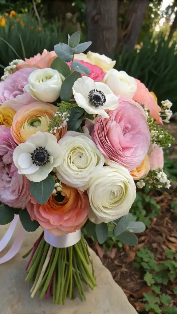 A close-up of a bridal bouquet featuring a mix of pastel-colored flowers, including peach, coral, orange, blush pink, and cream ranunculus, as well as white anemones with dark centers. Eucalyptus leaves add greenery to the arrangement. The bouquet, tied with a white satin ribbon, rests on a light gray-tan rock, with a blurred background of greenery and garden areas. This image inspires a beautiful cut flower garden idea, showcasing soft colors and natural textures.