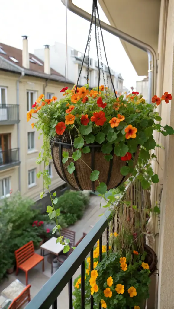 A vibrant cut flower garden container hangs from a balcony railing, filled with orange and red blooms, lush greenery, and trailing vines. The dark metal railing supports additional potted plants, primarily bright yellow flowers, while a paved courtyard below features pink, red, and green flowering bushes. Orange and brown outdoor furniture complements the space, set against a backdrop of light beige buildings and an overcast sky. This well-maintained garden blends hanging and potted arrangements for a lively, inviting atmosphere.
