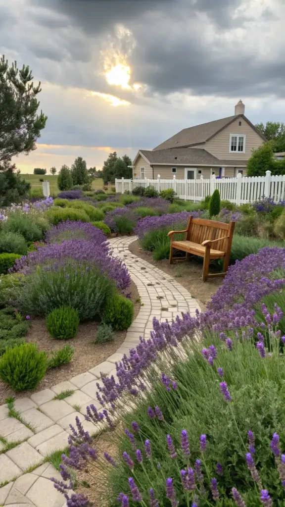 A serene cut flower garden idea featuring a lush lavender field in various shades of purple, interspersed with other flowering plants and greenery. A winding gray stone pathway curves through the garden, leading to a light beige wooden bench nestled among the blooms. In the background, a two-story house with a pitched roof and white picket fence adds charm to the scene under a partly cloudy sky. The warm glow of sunlight enhances the textures of the plants and pathway, creating a picturesque and inviting outdoor space.