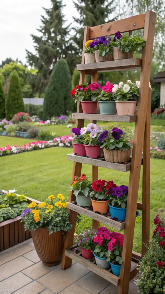 A wooden A-frame plant stand serves as a charming cut flower garden container, holding vibrant potted flowers in red, purple, pink, white, and yellow. The stand features multiple tiers with assorted blooms like pansies and petunias in muted-colored pots. Surrounded by a lush garden with neatly arranged flowerbeds, the patio area includes additional potted plants and a rounded planter with bright orange and yellow flowers. Trees provide dappled shade, while a light-colored house is visible in the background.