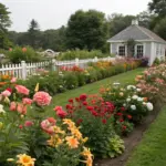 A meticulously landscaped cut flower garden how to inspire. Two parallel rows of vibrant flowerbeds, filled with roses, zinnias, and other colorful blooms, border a wide expanse of lawn. A white picket fence lines the front, with a small gray shed nestled behind it. Trees and greenery in the background add depth, while an overcast sky completes the serene, well-maintained scene.