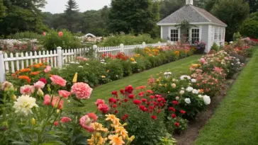 A meticulously landscaped cut flower garden how to inspire. Two parallel rows of vibrant flowerbeds, filled with roses, zinnias, and other colorful blooms, border a wide expanse of lawn. A white picket fence lines the front, with a small gray shed nestled behind it. Trees and greenery in the background add depth, while an overcast sky completes the serene, well-maintained scene.