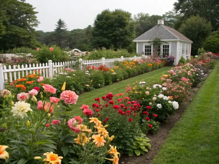 A meticulously landscaped cut flower garden how to inspire. Two parallel rows of vibrant flowerbeds, filled with roses, zinnias, and other colorful blooms, border a wide expanse of lawn. A white picket fence lines the front, with a small gray shed nestled behind it. Trees and greenery in the background add depth, while an overcast sky completes the serene, well-maintained scene.