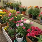 A vibrant cut flower garden in a small space, featuring a variety of flowers planted in pots and raised garden beds. The raised beds, one light beige and the other dark brownish-tan, are filled with colorful blooms in reds, oranges, yellows, pinks, and whites, many in dense clusters. Flowers are also arranged in pots of different sizes and colors, including brown, dark gray, and black. The setup is set against a light yellowish-tan wall, with light-brown mulch covering the ground between the beds. A glimpse of a green structure or greenhouse is visible in the background.