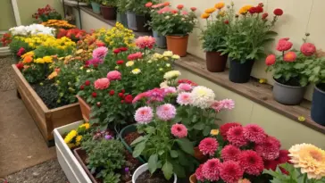 A vibrant cut flower garden in a small space, featuring a variety of flowers planted in pots and raised garden beds. The raised beds, one light beige and the other dark brownish-tan, are filled with colorful blooms in reds, oranges, yellows, pinks, and whites, many in dense clusters. Flowers are also arranged in pots of different sizes and colors, including brown, dark gray, and black. The setup is set against a light yellowish-tan wall, with light-brown mulch covering the ground between the beds. A glimpse of a green structure or greenhouse is visible in the background.